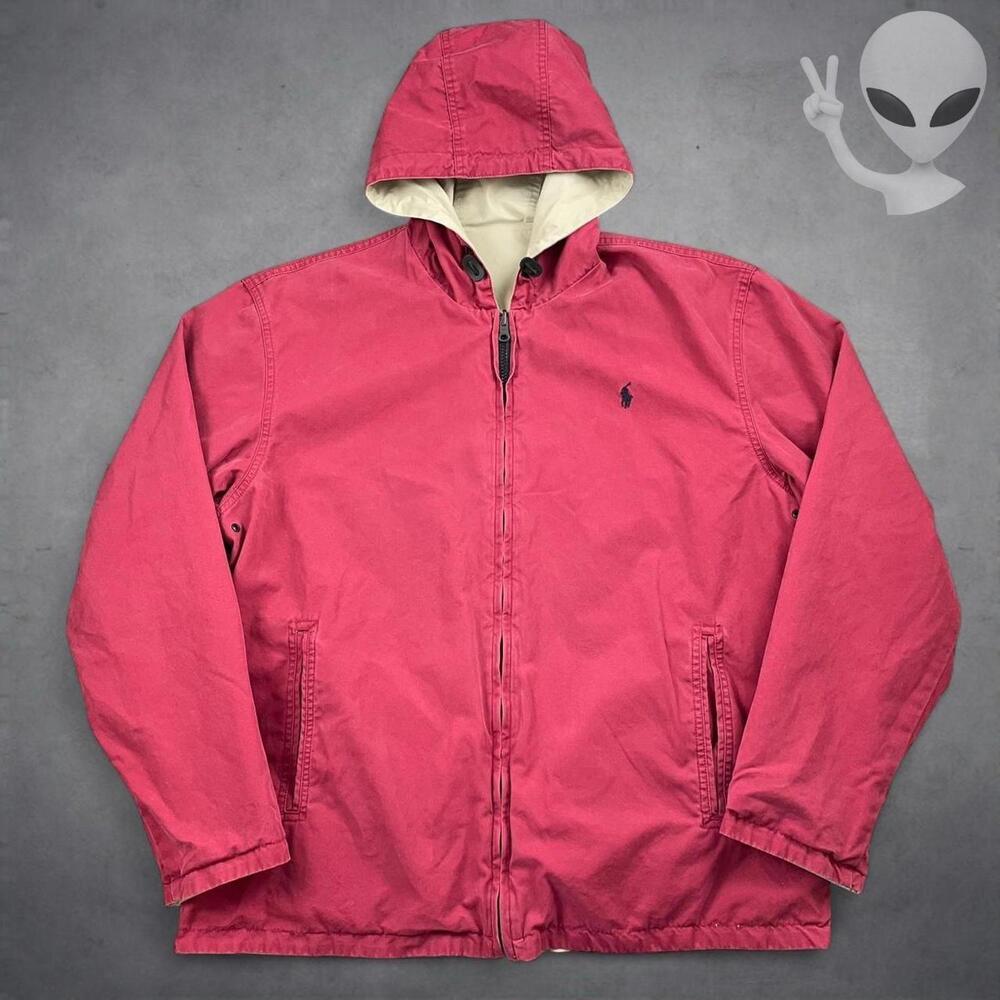 Polo Ralph Lauren Reversible Hooded Jacket Medium Cream Red Vintage 90s - Picture 7 of 7